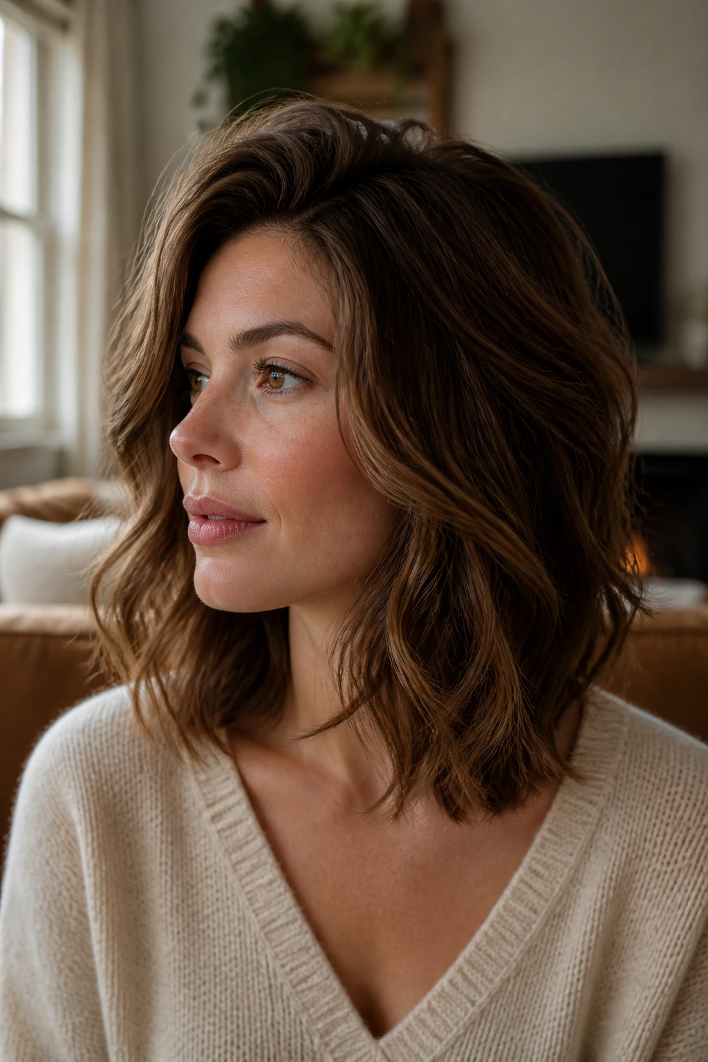 Close-up portrait of a real woman with The Crown-Volume Lob showcasing lifted crown and volume