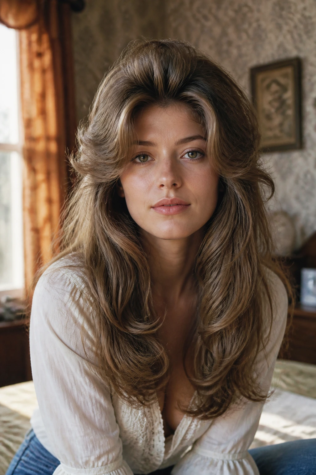 Portrait of a real woman with heavy crown volume and long, soft ends.