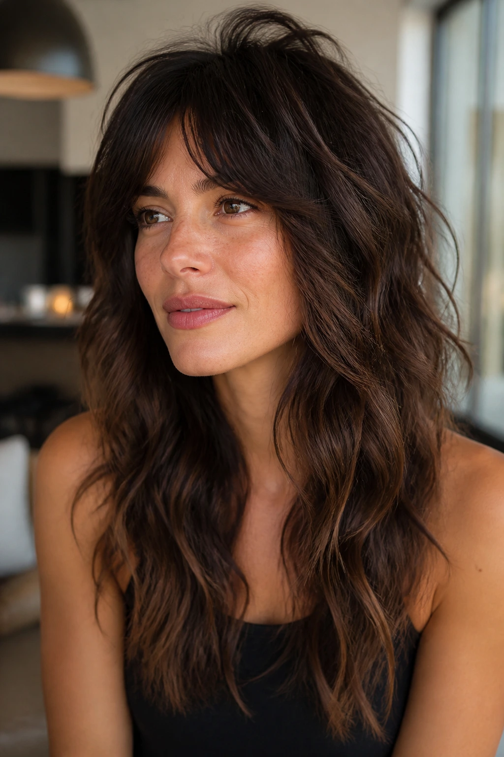 Close-up of a real woman with crown-volume shag showing lifted crown and defined waves.