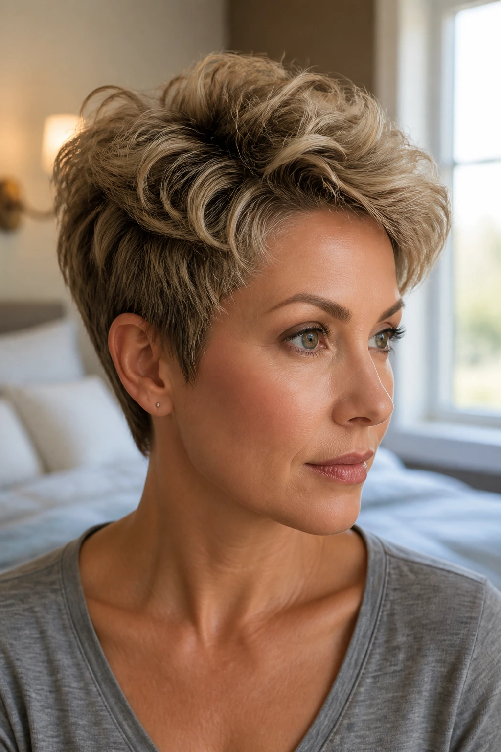 Close-up portrait of a woman with crown-volume pixie hairstyle lifted crown and soft waves by window light
