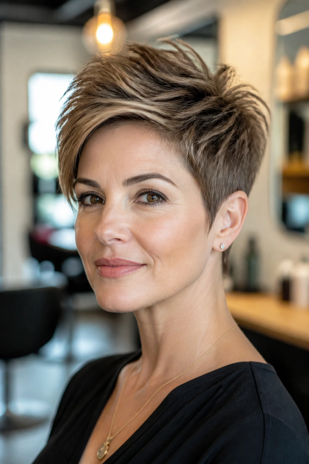 Close-up portrait of a real woman with crown-volume pixie and lifted top