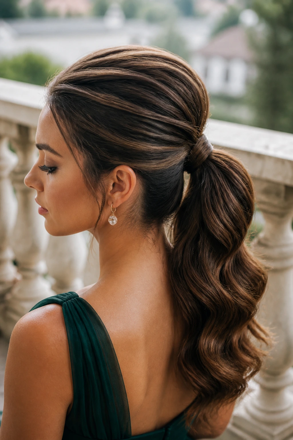 Profile of a woman with crown-volume ponytail and soft waves in natural daylight