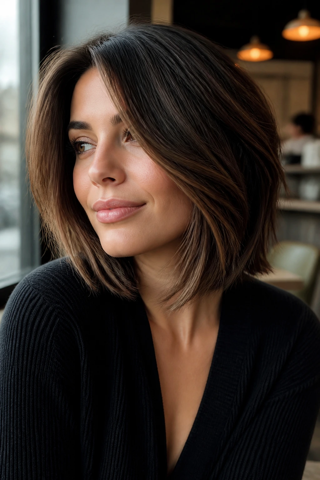 Close-up of a real woman's face showing a lob below the cheekbone with crown volume.