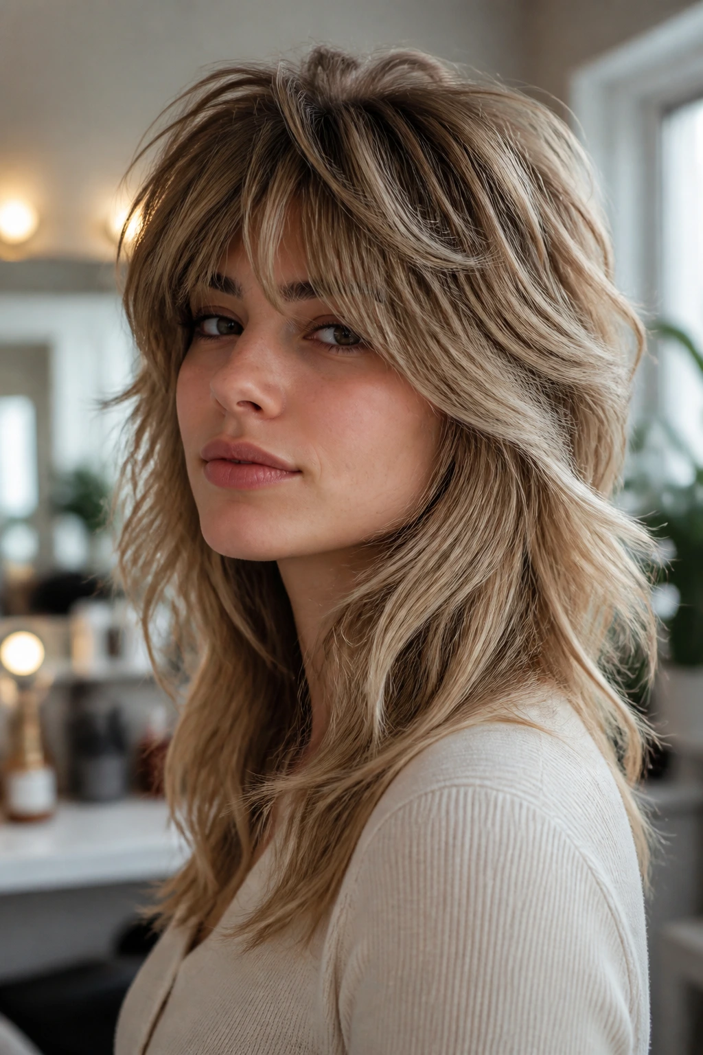 Woman with crown-volume shag showing lifted crown and voluminous top