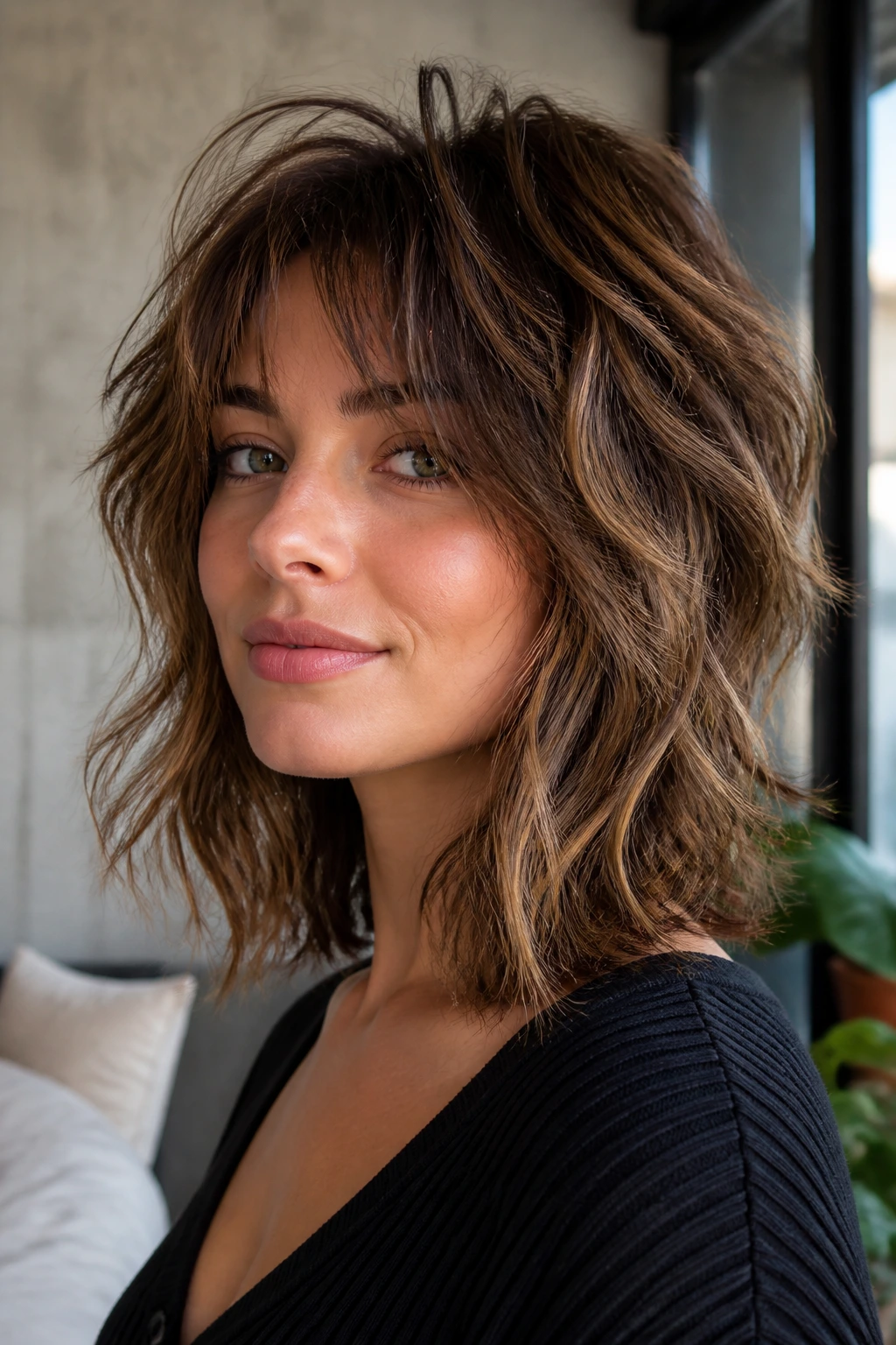 Close-up portrait of a real woman with crown-volume shag hairstyle with lifted crown