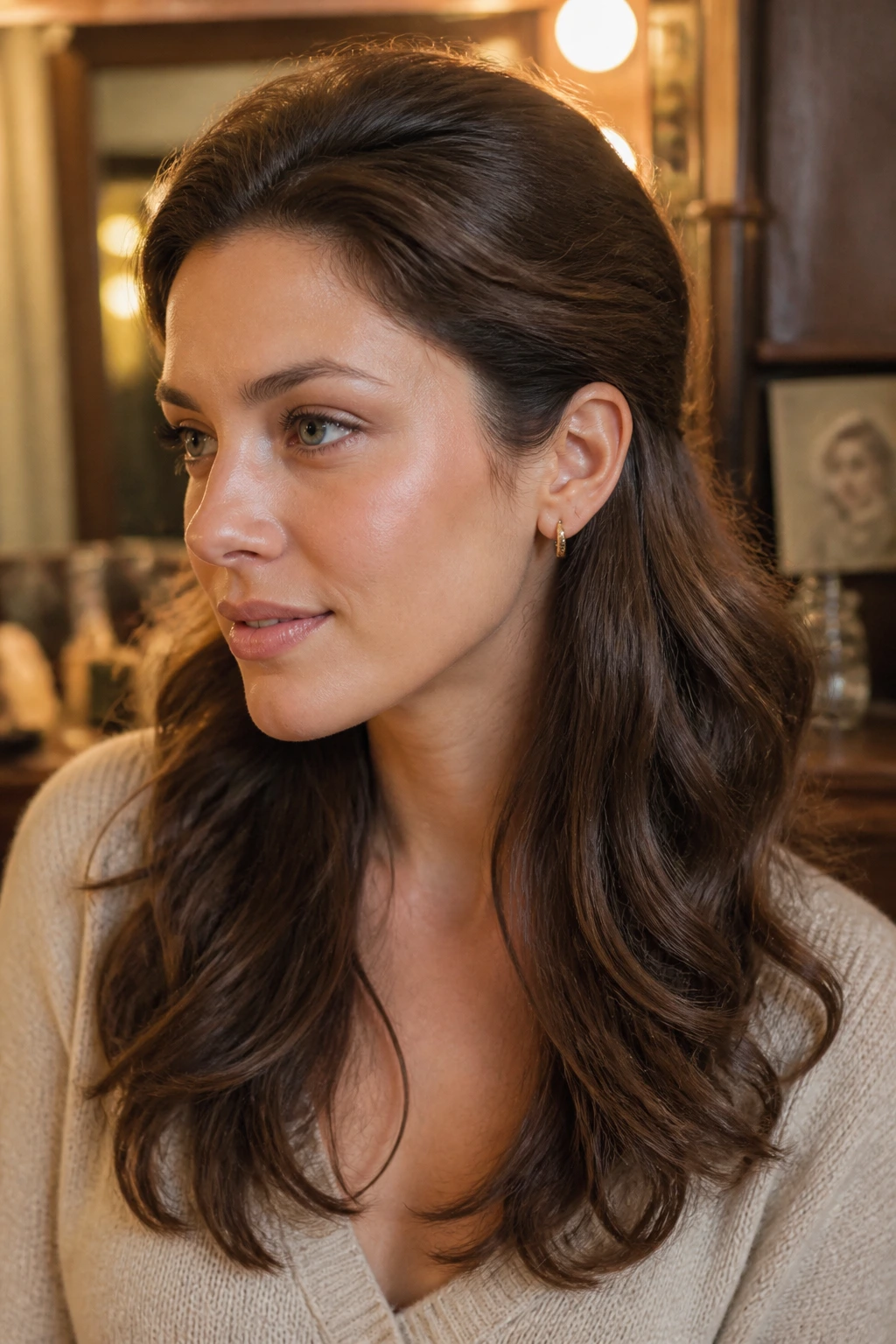 Close-up of a real woman with crown volume and tucked sides behind the ears.