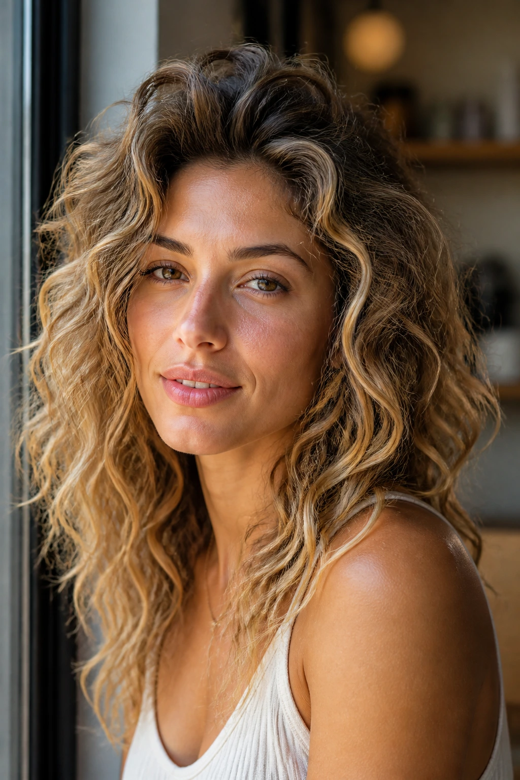 Close-up of a real woman with crown-volume tousled waves.