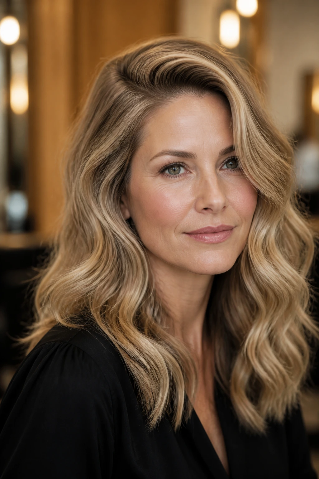 Close-up portrait of a real woman with crown-volume waves and a deep side part in a salon