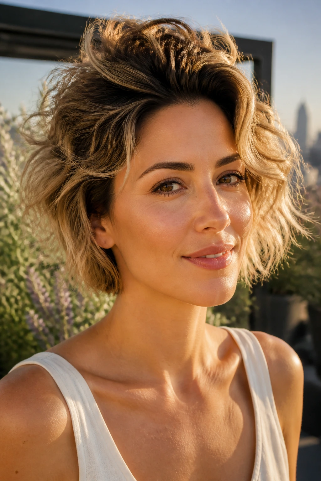 Portrait of a real woman with crown-volume windswept waves on short hair