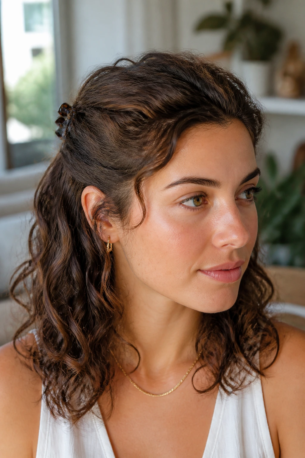 Portrait of a real woman with clipped-back crown waves using two small clips