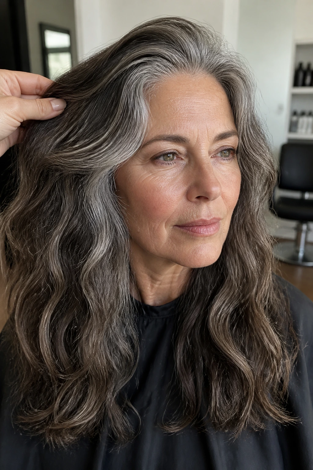 Close-up of long natural waves with crown weight in a real salon setting
