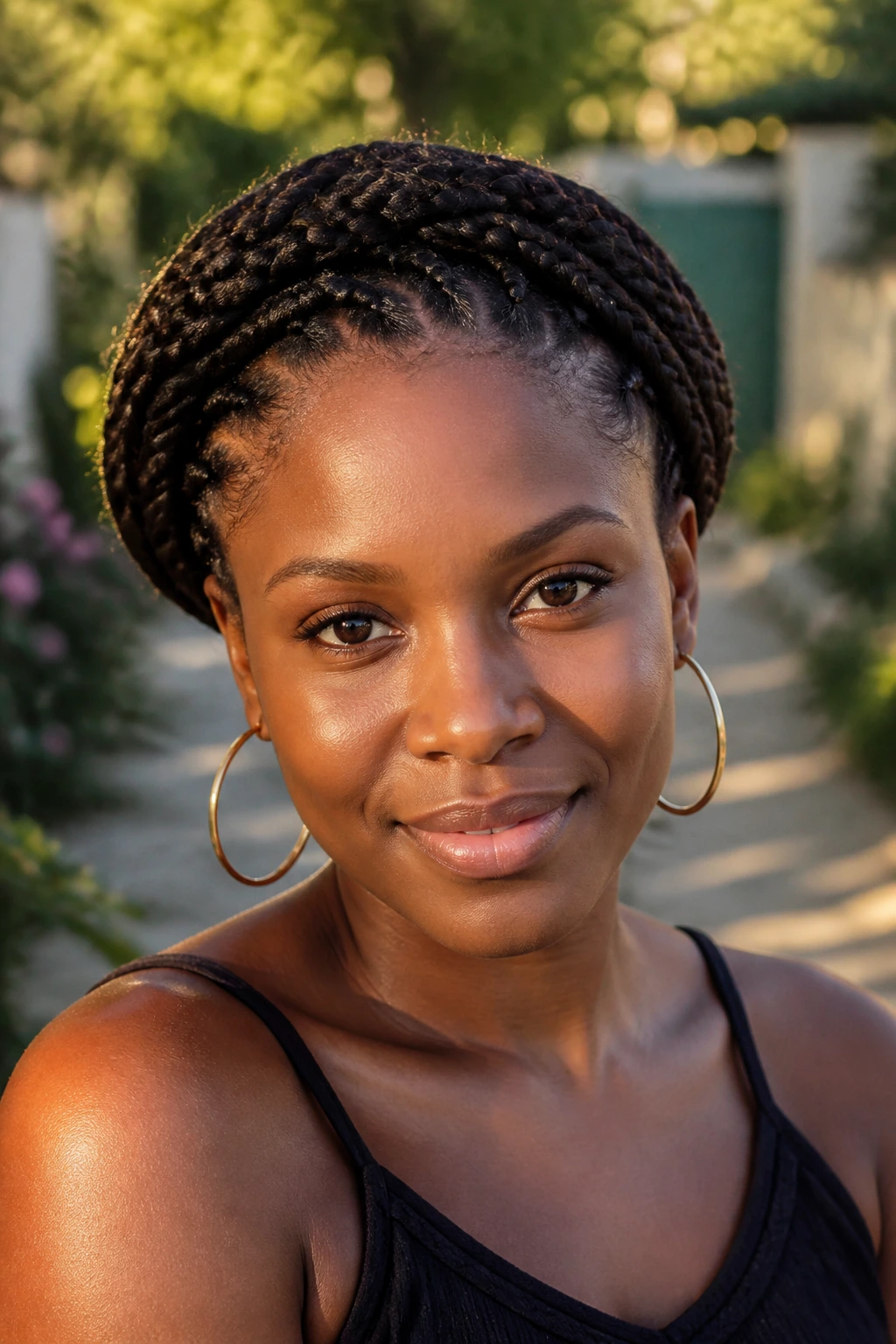 Close-up portrait of a real woman with crown-wrap box braids