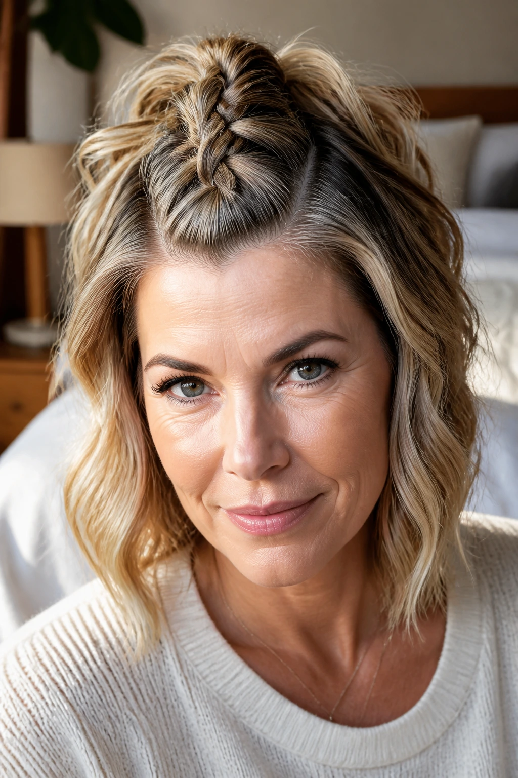 Real woman with crown braid faux hawk, crown-centered braid with loose edges.