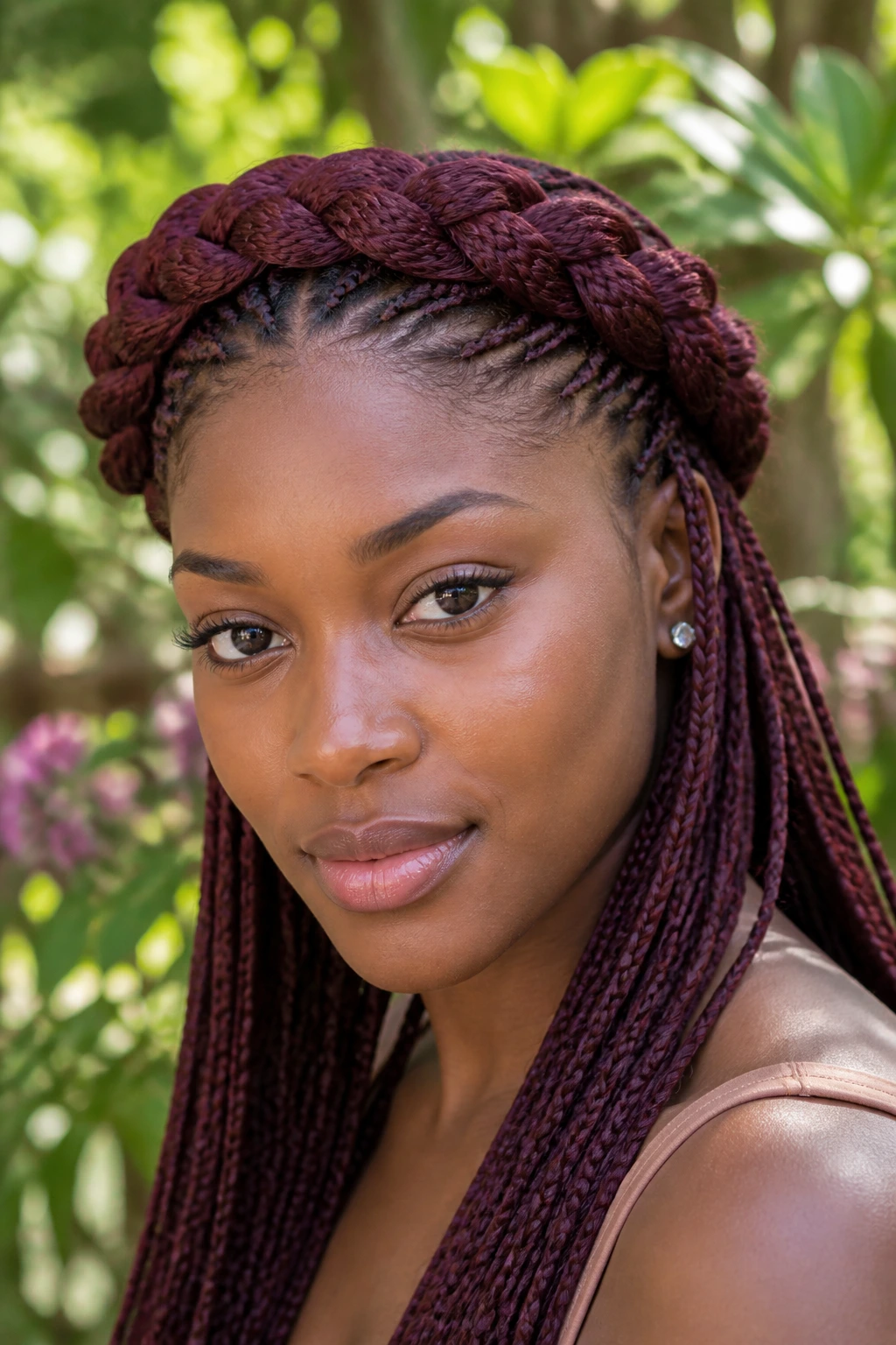 Close-up of burgundy knotless braids forming a braided crown on a real person