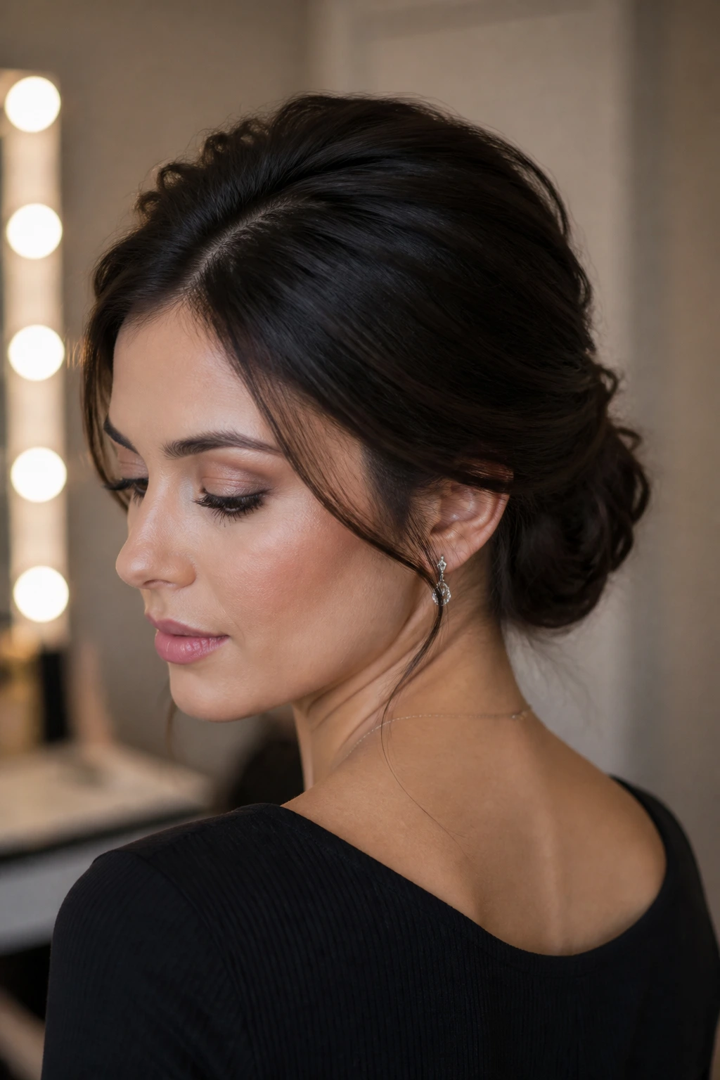 Close-up of a real woman with crown-volume low bun and crown lift