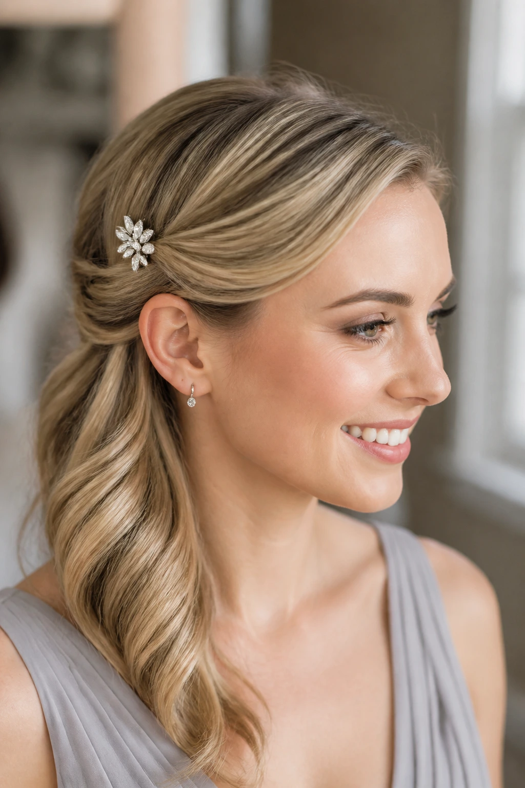 Close-up of a real woman with a crystal clip side sweep secured behind the ear