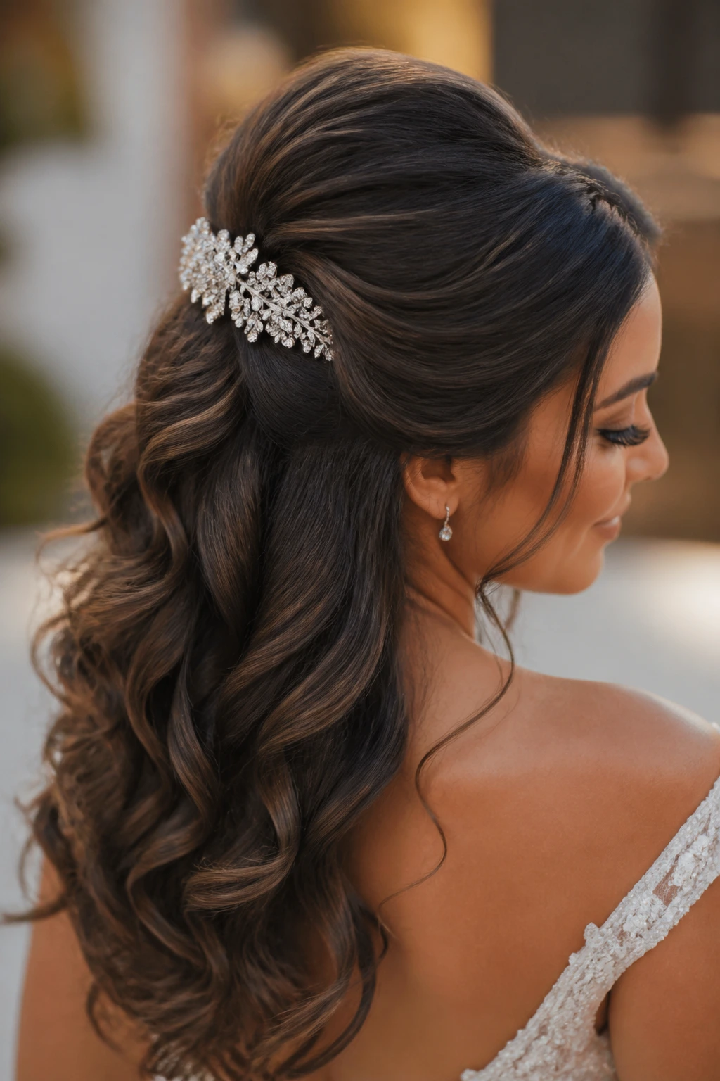 Bride with crystal-comb curls and voluminous crown