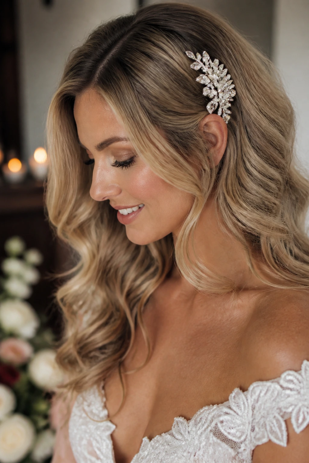 Bride with loose waves and crystal comb in soft lighting