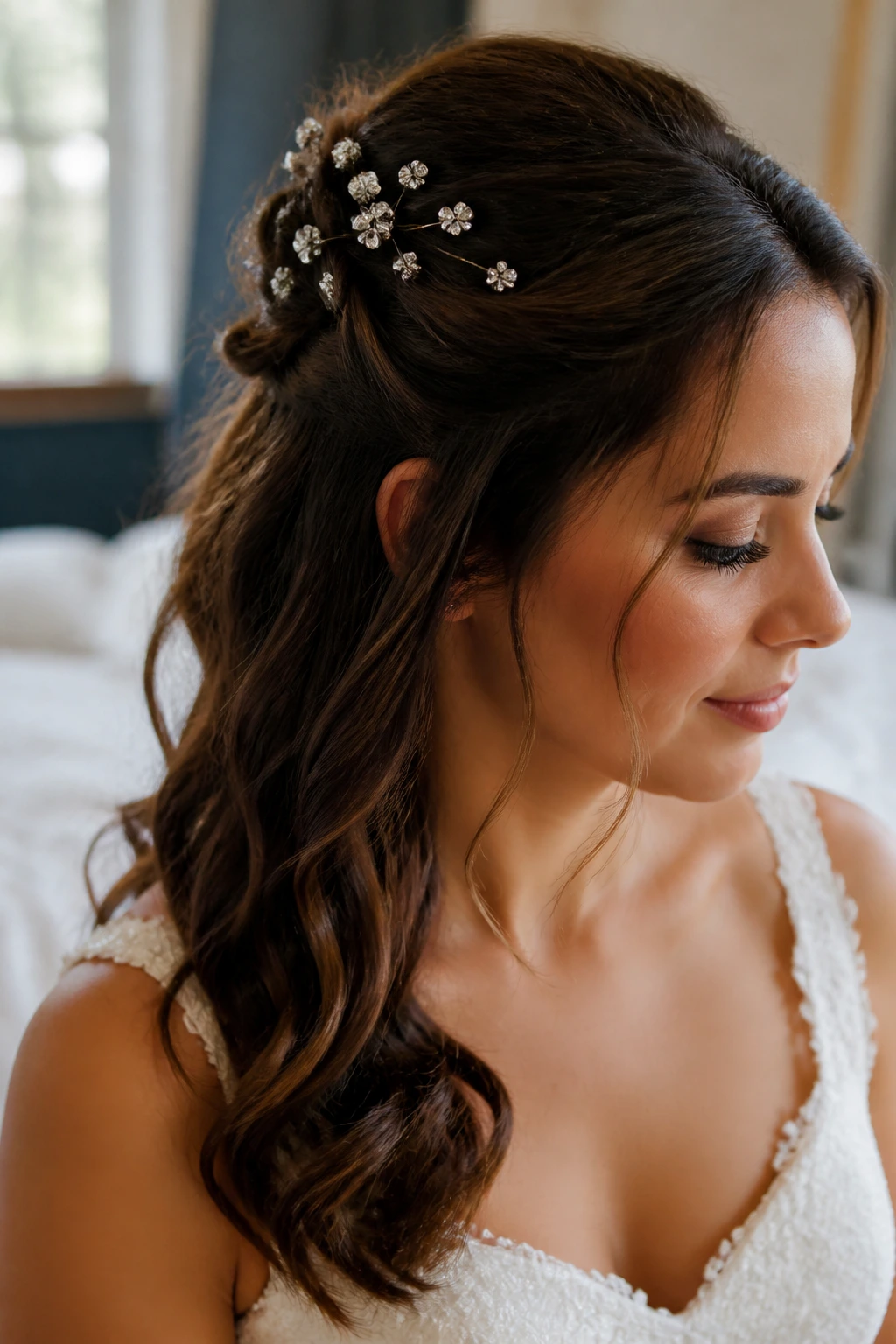 Close-up of bride with crystal pin scatter half-up hairstyle at crown
