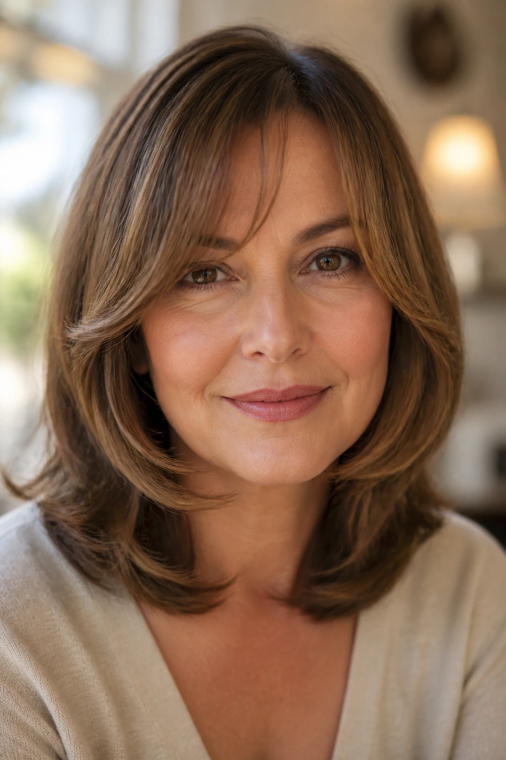 Close-up portrait of a real person with C-shape bangs curving into the jawline under warm window light
