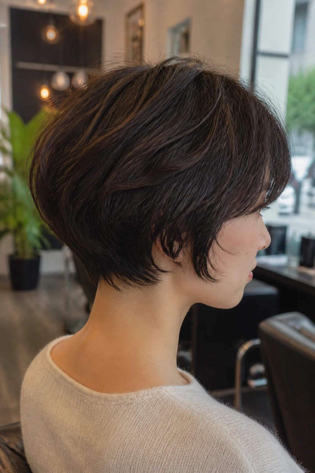 Real person with a rounded cub cut in a warm salon setting, emphasizing texture and crown.