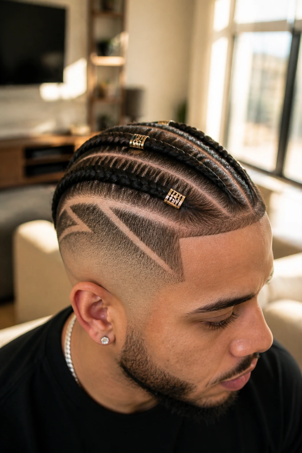 Close-up of braids with cuff rings and part designs on a real person.
