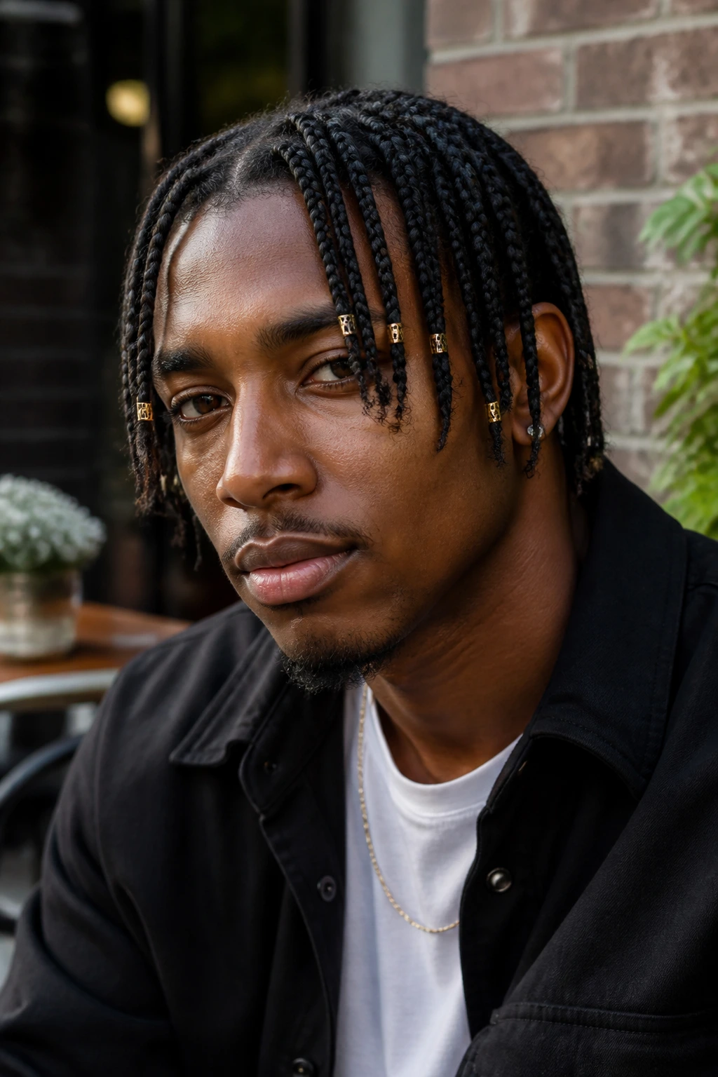 Close-up portrait of a man with cuffed box braids and silver cuffs