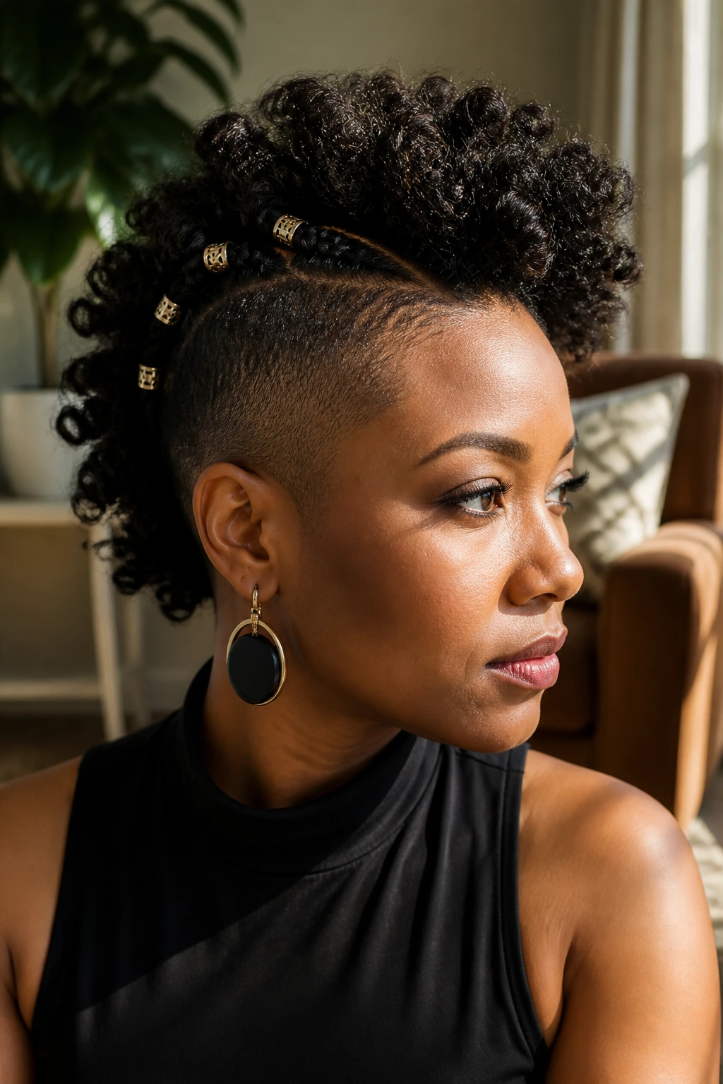 Close-up of a real person with a Cuffed Frohawk showing metal cuffs in the center