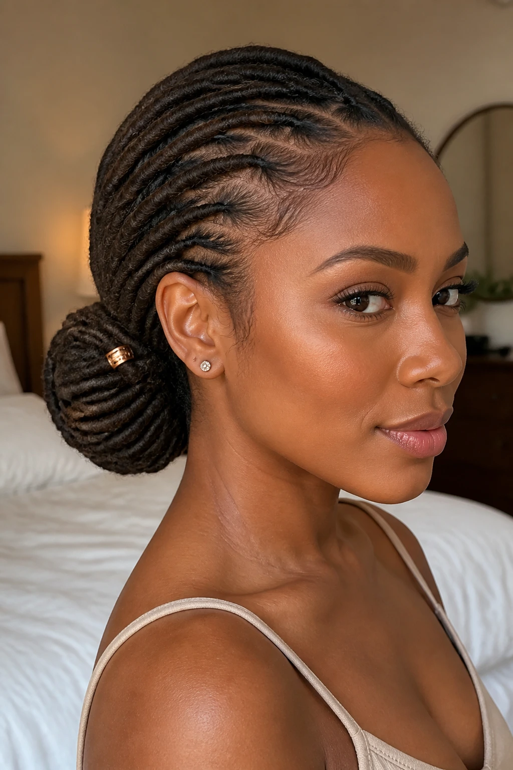 Close-up of a real woman with a cuffed loc bun and light-catching cuff.