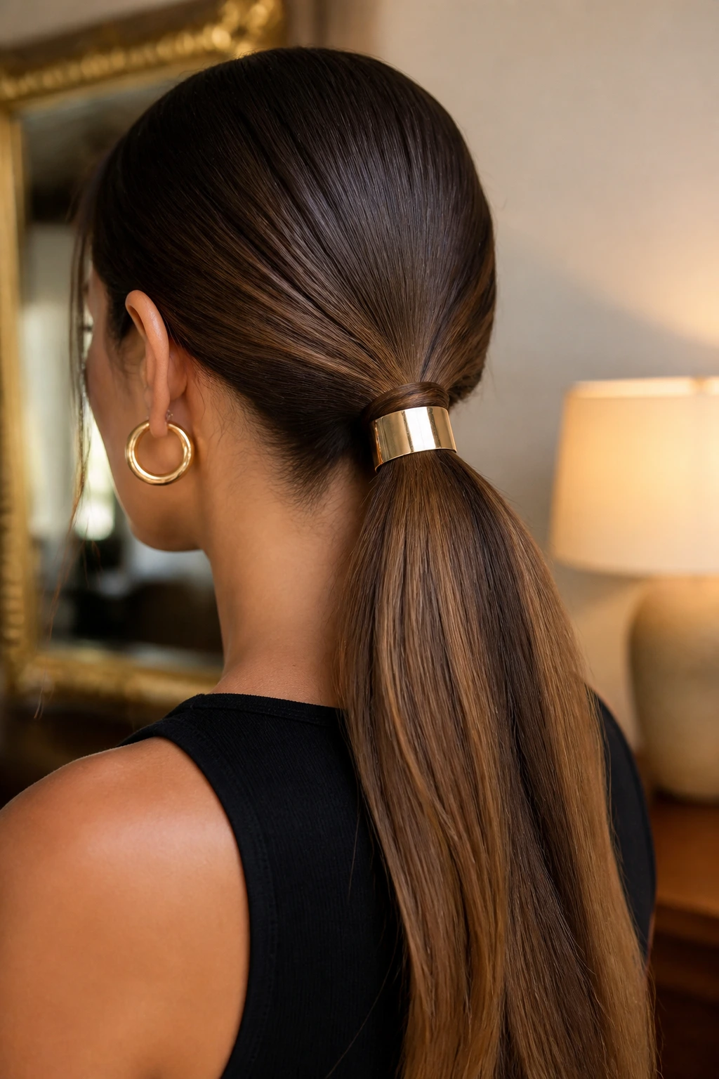 Cuffed ponytail with metal cuff at base on real person
