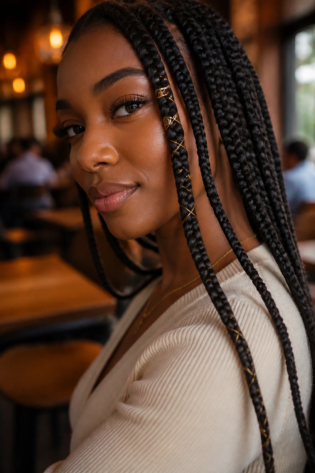 Close-up of cuffs and wrapped braids in a long box braid hairstyle