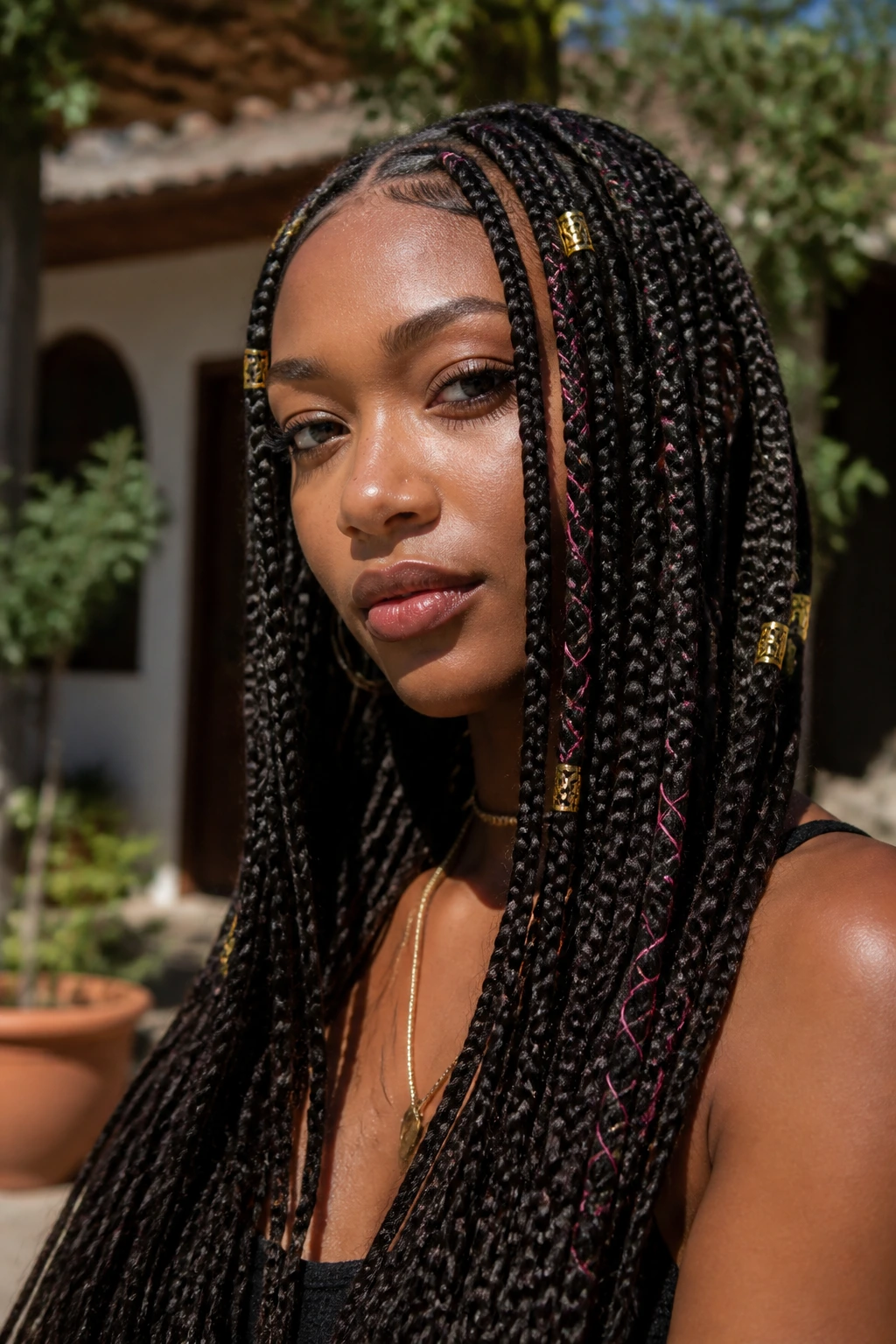 Close-up portrait of a person with gold cuffs and thread-wrapped braids