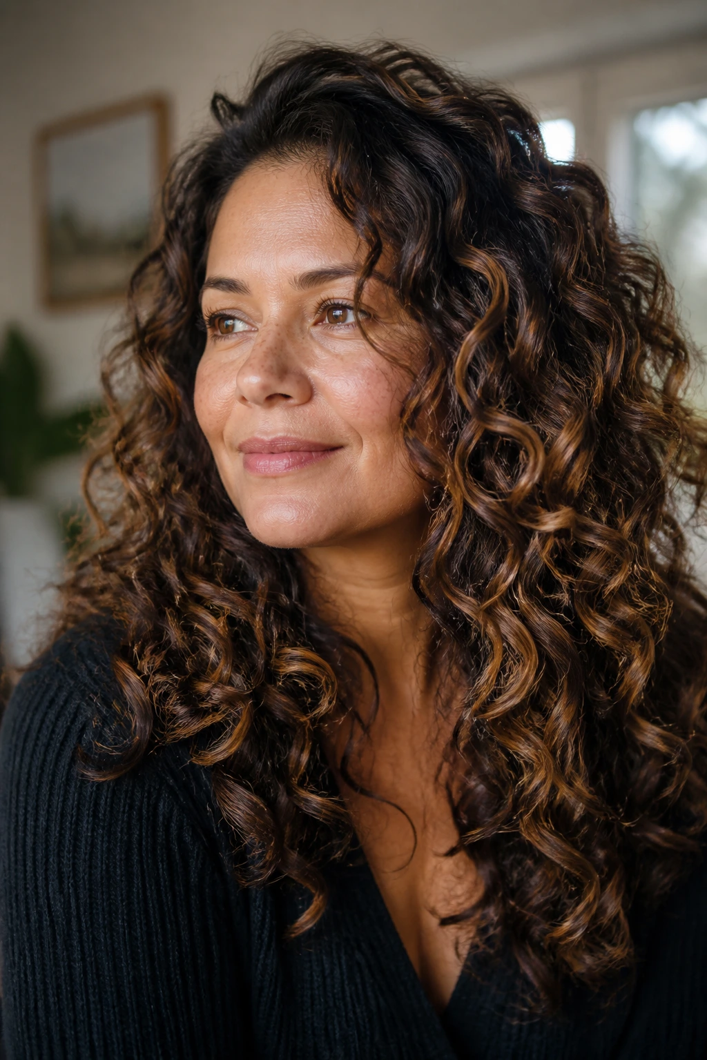 Close-up of curly hair showing varied balayage tones blending with base.