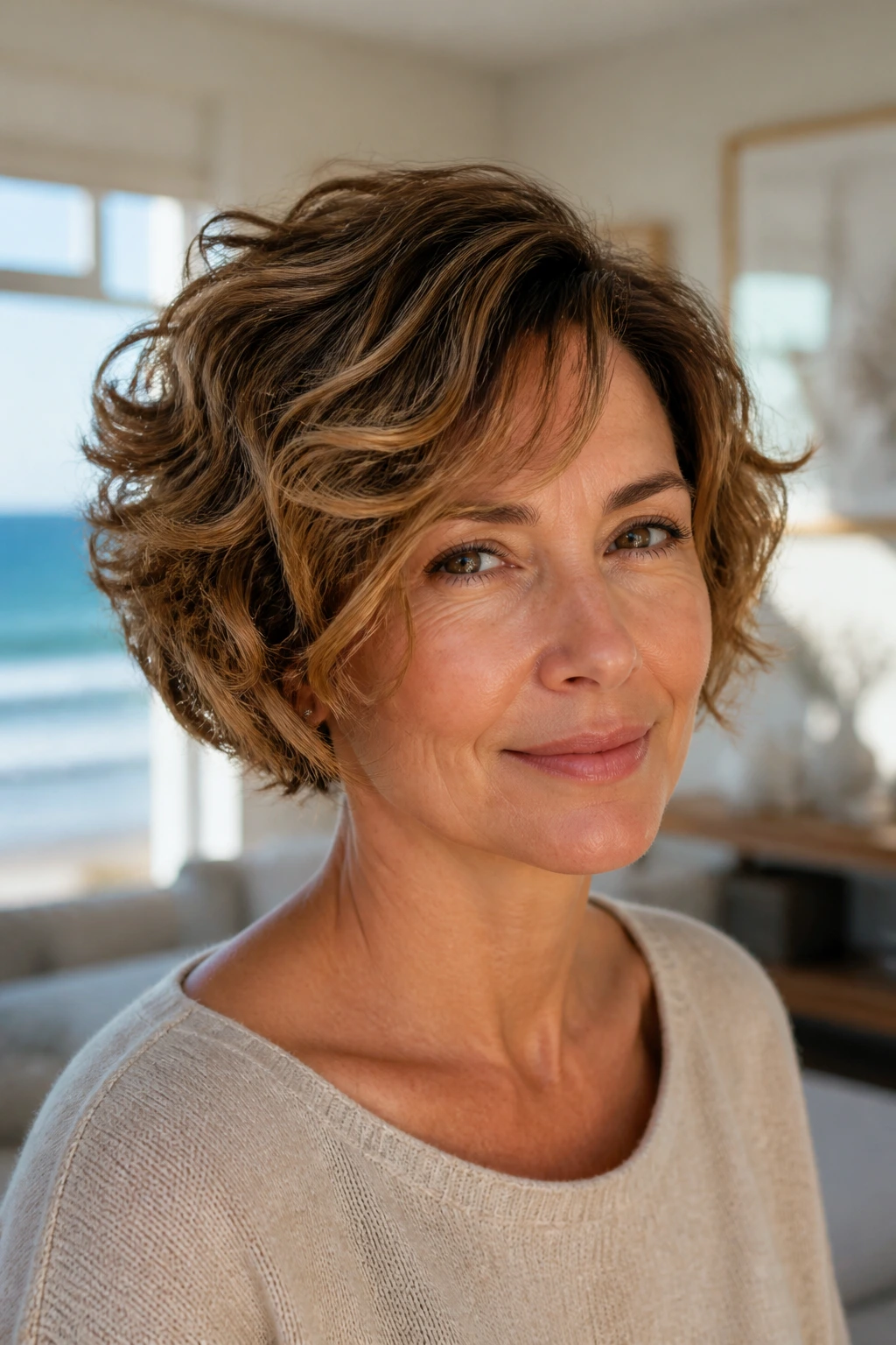 Portrait of a real woman with curl-boosted pixie bob and loose curls