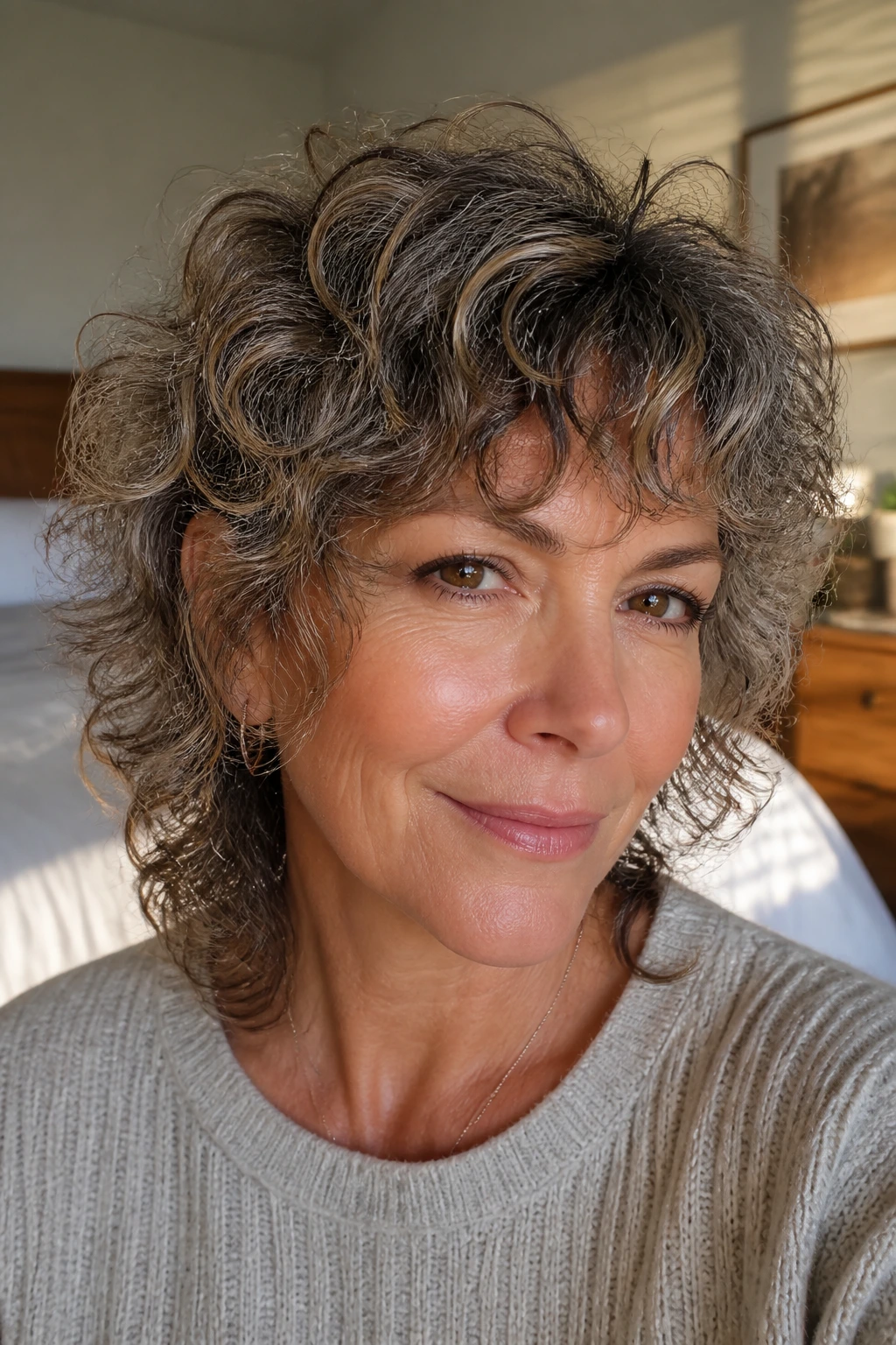 Portrait of woman with curl-by-curl curly shag in sunlit room