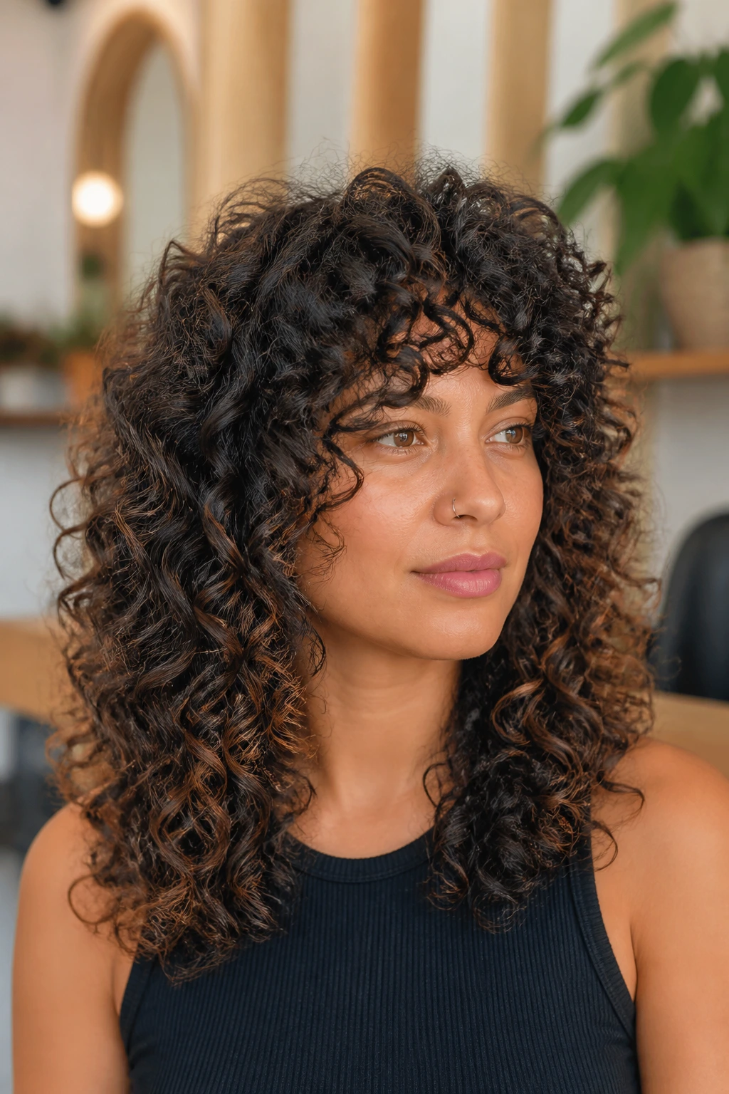 Portrait of a real woman with curl-by-curl dry cut showing defined, varied curl pattern.