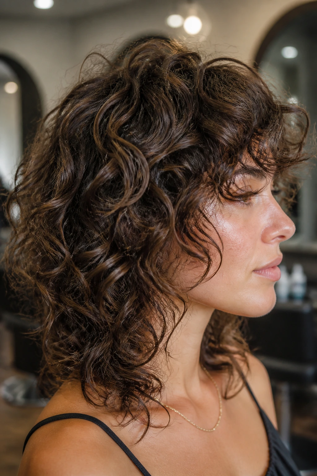 Close-up portrait of a real woman with dry-cut curl-by-curl shag.