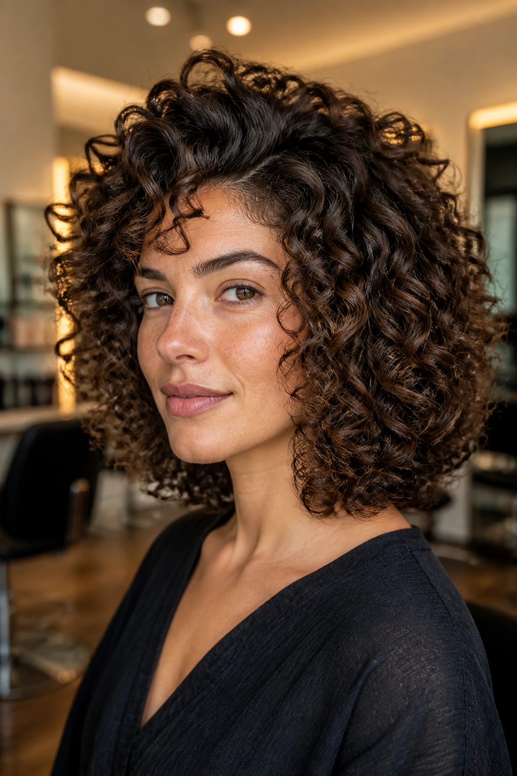 Close-up of a real person with defined curls from curl-by-curl precision cut