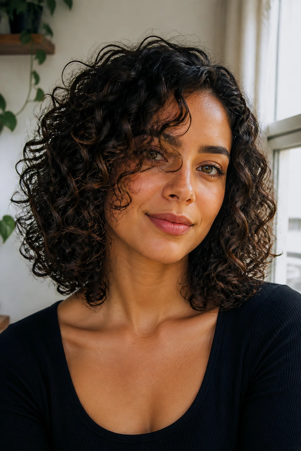 Close-up of a real woman with a curl-by-curl precision lob showing defined curls