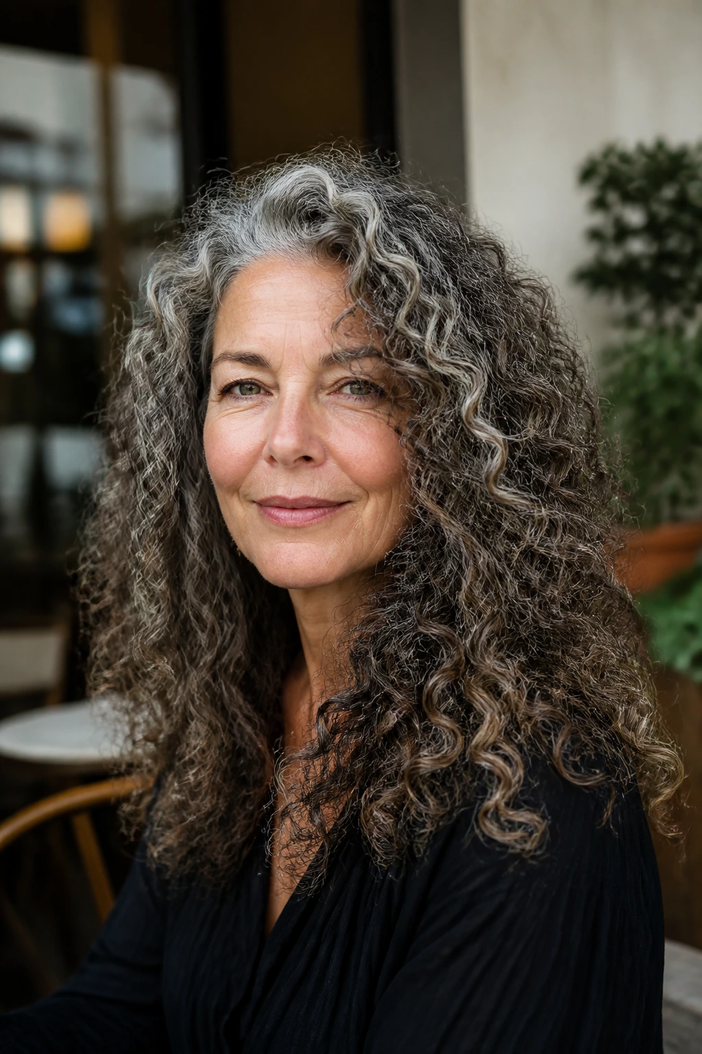 Portrait of a woman with curl-by-curl sculpted haircut in natural daylight.