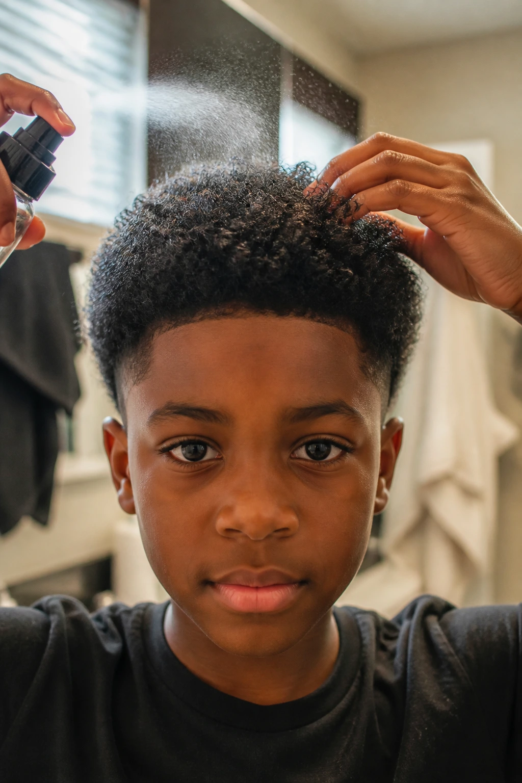 Close-up of a real Black boy refreshing his curly haircut at home.