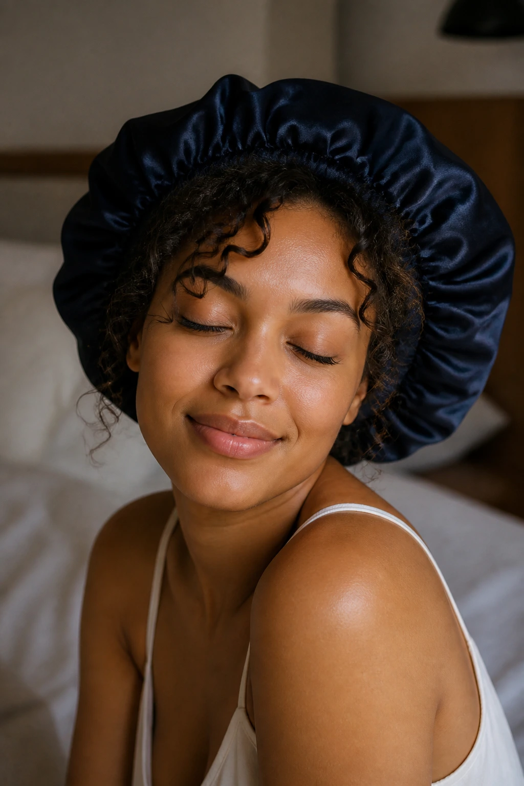 Close-up of a real woman's curls under a satin bonnet in a cozy bedroom