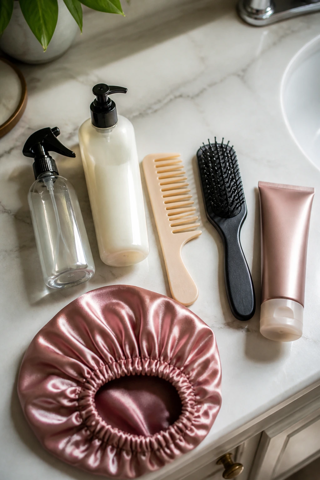 Close-up of curl care tools arranged on bathroom counter (spray bottle, conditioner, comb, brush, curl cream, satin bonnet).