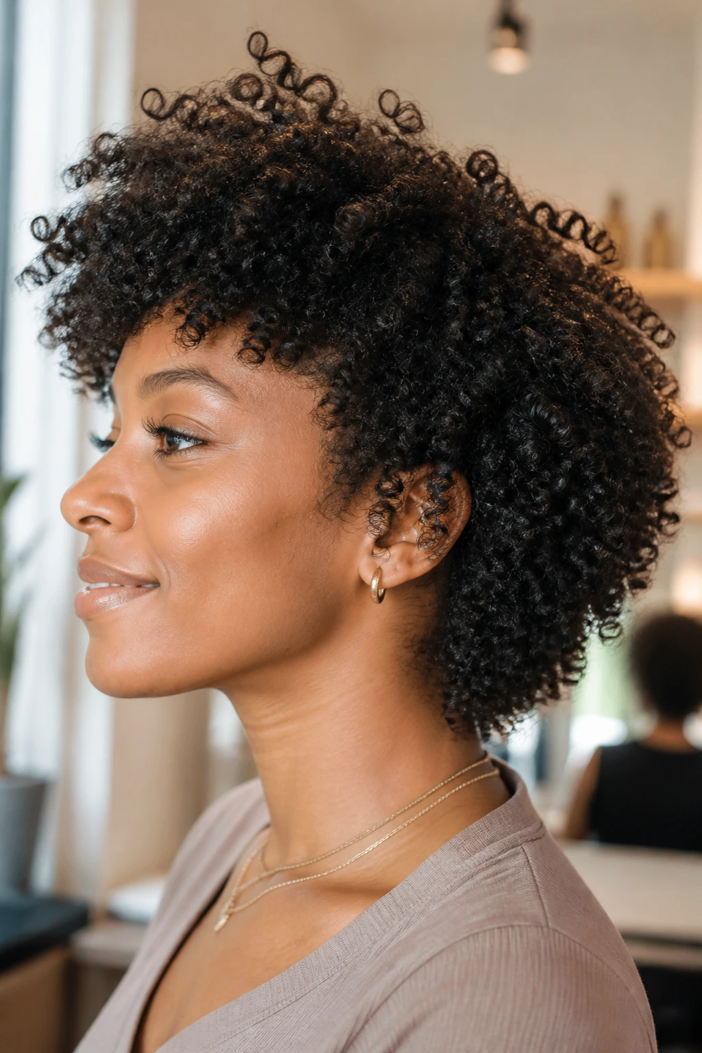 Close-up of a real Black woman with a curl-centered shape showing movement