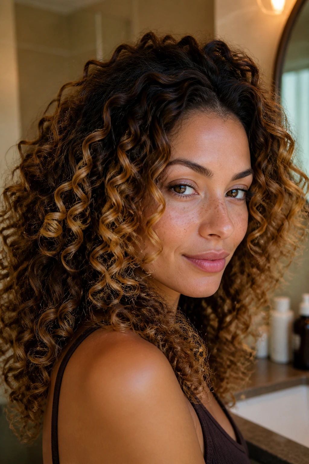 Portrait of a person with curls showing subtle root growth and color fade in warm bathroom light