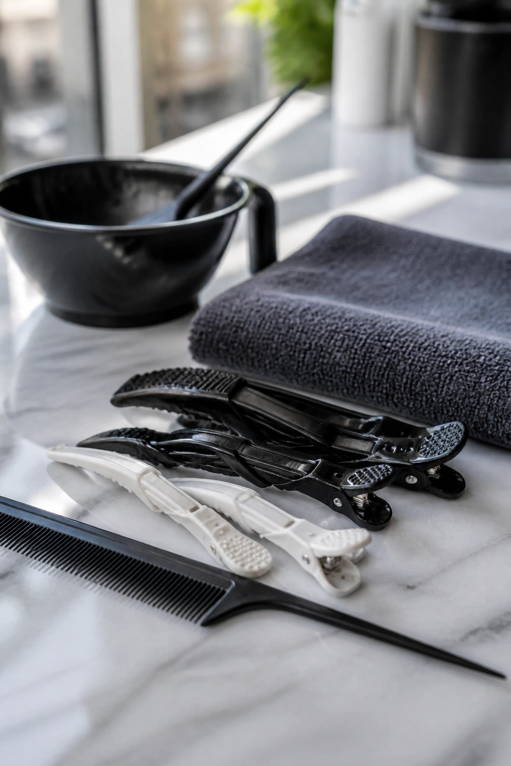 Close up of curl color tools on a salon counter for curl friendly color jobs