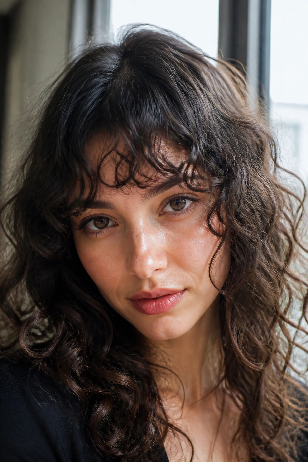 Portrait showing curl-friendly fringe and off-center part