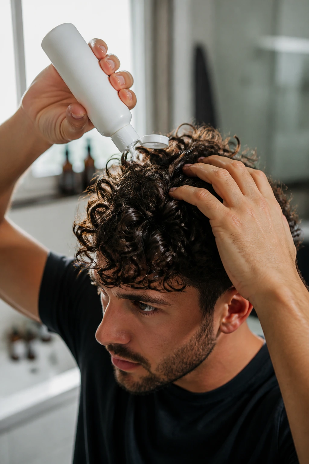 Close-up of hands applying curl cream to curly hair with a plain bottle