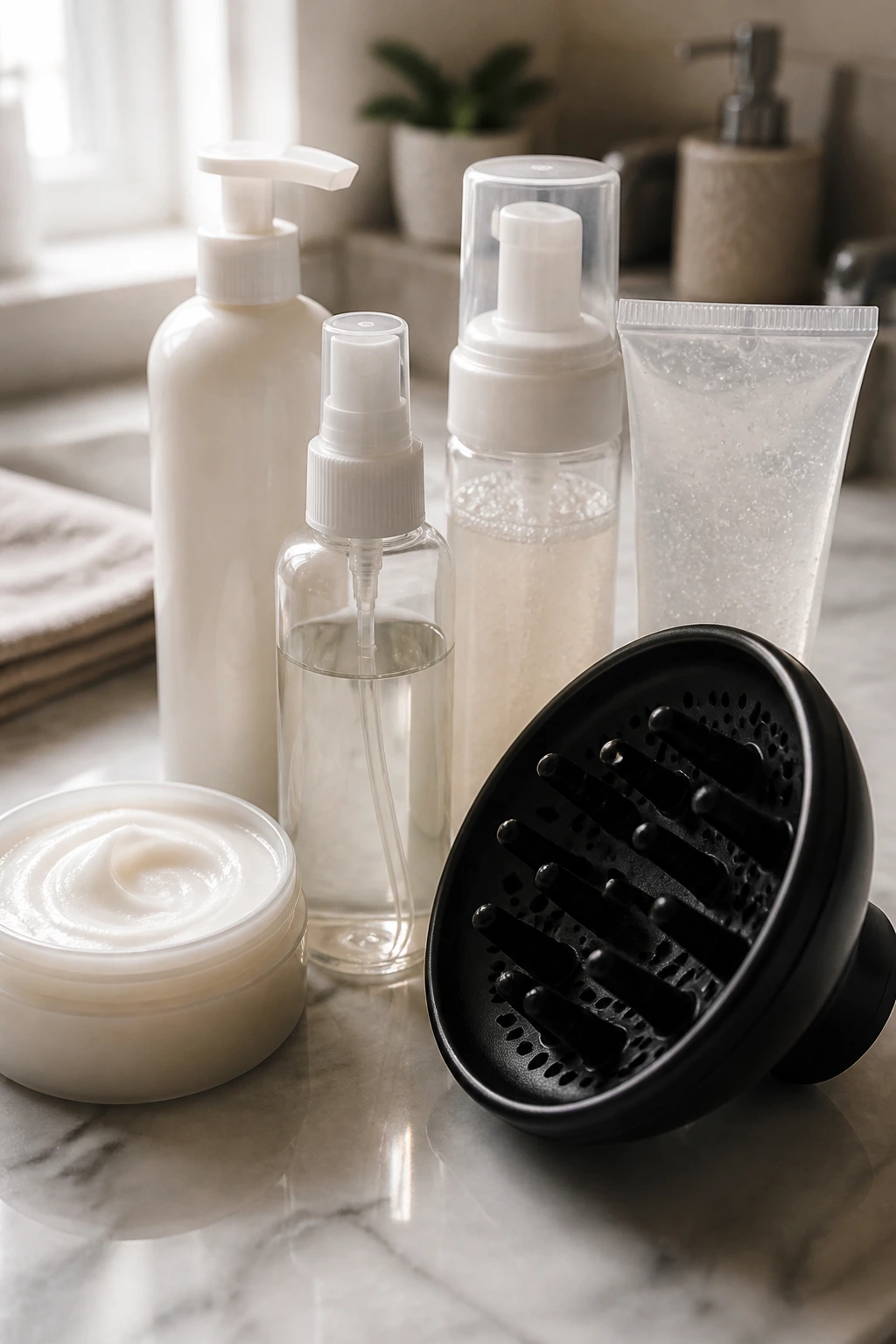Close-up of curl care products used to prep a curly faux hawk