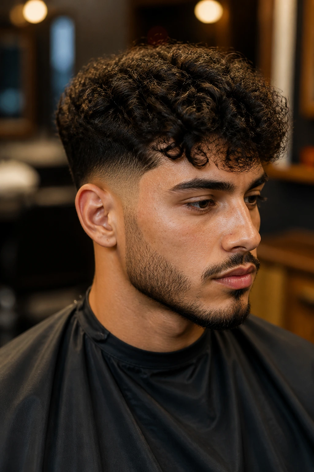 Close-up portrait of a man with curl-friendly haircut in a salon
